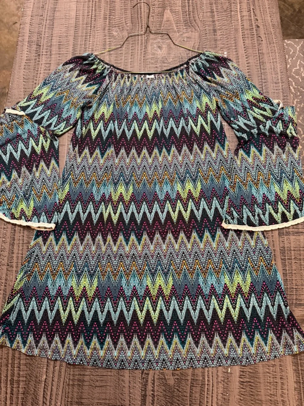 Boho Zigzag Off-Shoulder Tunic in Blue and Green